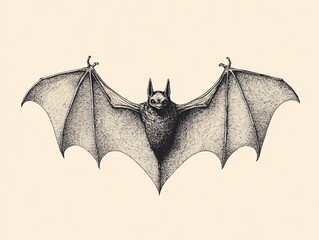2408 36.A vintage hand-drawn bat in black ink, featuring detailed wings with intricate line work. The batâ€™s body is poised mid-flight with slightly curved wings and sharp, defined edges. The sketch