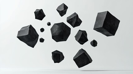 Abstract black geometric shapes floating against a white background, evoking modern design and creativity.