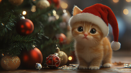 Adorable orange kitten wearing a festive Santa hat, surrounded by glowing Christmas ornaments and a beautifully decorated tree, capturing the essence of holiday joy.