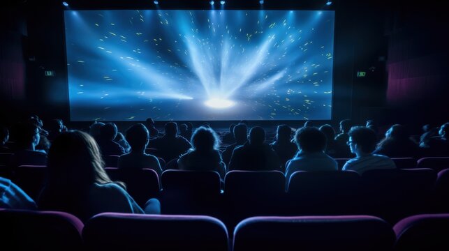 A dimly lit cinema captures an audience engrossed in a captivating movie, as a brilliant light from the screen casts an ethereal glow over the audience.