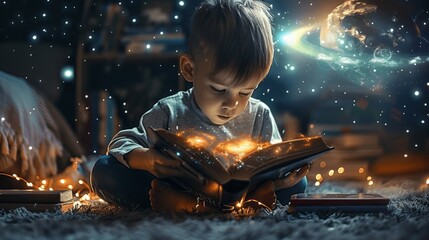 cute boy reading magic book with glowing galaxy and planet in his room at night for a dreamy fantasy adventure of fairy tales imagination