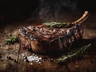 A perfectly grilled tomahawk steak with a juicy