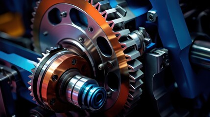 Fototapeta premium A detailed close-up of interlocking gears in dynamic metallic hues, illustrating the intricacy and artistry of precision engineering in machinery.
