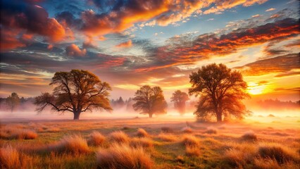 Fototapeta premium Silhouettes of Trees Bathed in Golden Light as Morning Mist Rises from a Field of Tall Grass