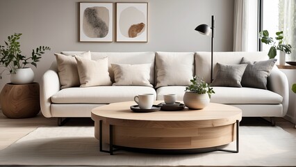  A round wooden coffee table set against a white sofa, highlighting Scandinavian home interior design in a modern living