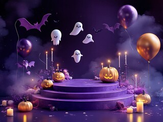 Obraz premium 2408 82.A Halloween-themed podium design featuring a purple platform with pumpkins, balloons, and floating bats. Ghostly figures drift around the scene, while candles add a spooky glow. The dark