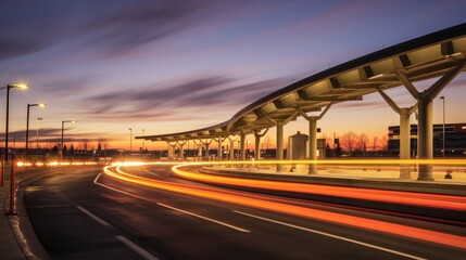 Vibrant streaks of light curve through an urban landscape at dusk, capturing the rush and energy of city nightlife under a colorful sky.