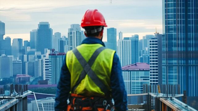 A construction worker in safety gear, standing on a modern bridge under construction, with the city skyline visible behind them Close-up photo with clean background	