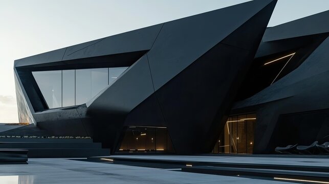 Futuristic black building with sharp angles and sleek glass windows, representing cutting-edge architecture.