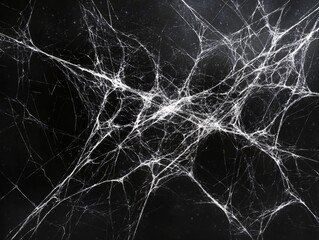 2408 88.A detailed spider web spun in the center of a black void, each thread glistening faintly in the darkness. The web appears fragile yet dangerous, its white lines sharp against the black