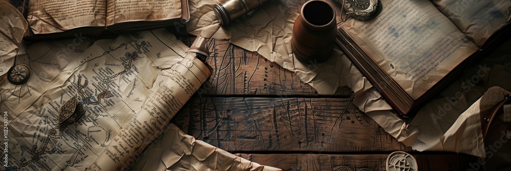 Poster a collection of ancient books, scrolls, and artifacts spread across a wooden table, highlighting the