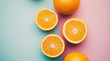 Fototapeta premium Oranges arranged in geometric patterns on a flat pastel background, creating a visually appealing modern look.