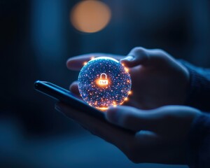 Hand holding a glowing digital sphere with lock symbol over smartphone.