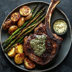 Overhead shot of a tomahawk steak resting on a plate