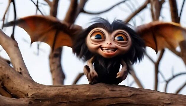 a strange winged animal mutated smiled while on a tree branch somewhere