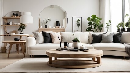 A contemporary living room design with a round wood coffee table paired with a white sofa, in Scandinavian styl