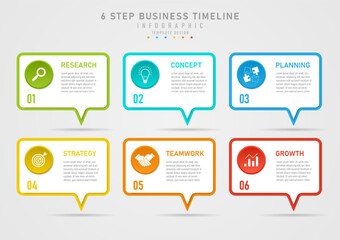 6 steps business planning infographic multi-colored square bottom On top there is a white square with multi-colored circles. On the left there are icons, below are numbers, on the right are text.