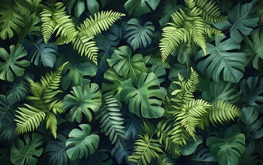 A lush arrangement of various green leaves creates a rich, natural texture, showcasing the beauty of plant life.