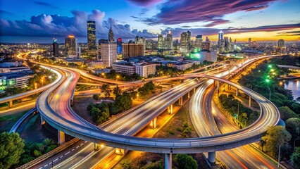 Fototapeta premium Long Exposure of Bowen Hills Interchange in Brisbane, Australia at Night with Traffic Trails and City Lights