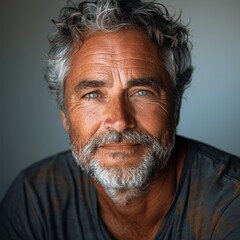 closeup portrait of a smiling senior man with grey hair and short beard for dental ad