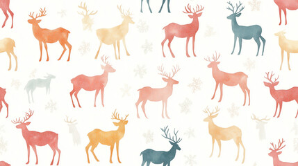Delicate watercolor deer illustration in soft pastel colors, arranged on a light background with minimalist style, featuring a seamless pattern for holiday and winter themes, elegant and hand-painted 