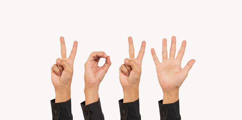 Set of female or male hands showing the number 2025. Happy new year and holiday concept. New Year...