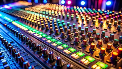 Fototapeta premium A symphony of colored lights illuminates the knobs and buttons of a soundboard, each element playing a part in the intricate orchestration of sound.