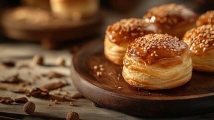Golden Sesame Puff Pastry on Wooden Plate