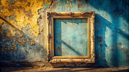 Ornate gilded frame hangs askew on a weathered wall, casting a long shadow in the afternoon light.