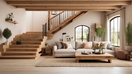 Farmhouse home interior with a modern living room design, highlighting a wooden staircase and a warm, rustic ambiance.-gigapixel-