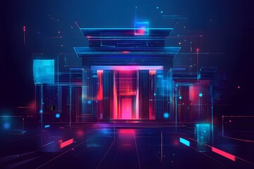 Obraz premium Futuristic Digital Cityscape with Neon Lights and Geometric Structures