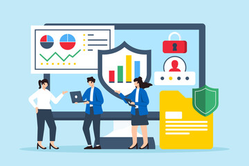 Flat illustration of team of analysts discussing data privacy with cybersecurity charts