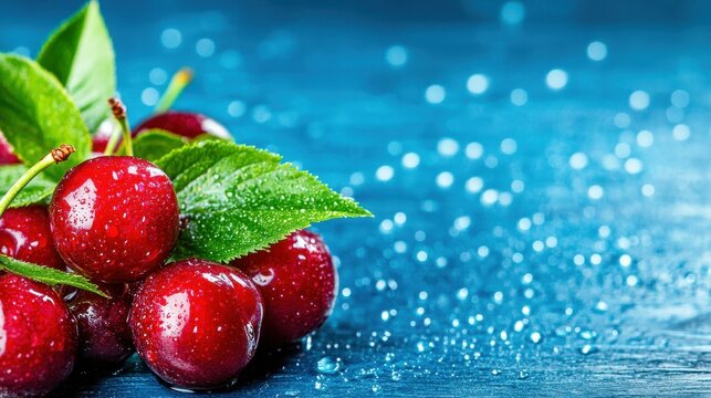 Delight in the vivid allure of fresh cherries, glistening with water droplets on a rustic wooden tablea summer treat