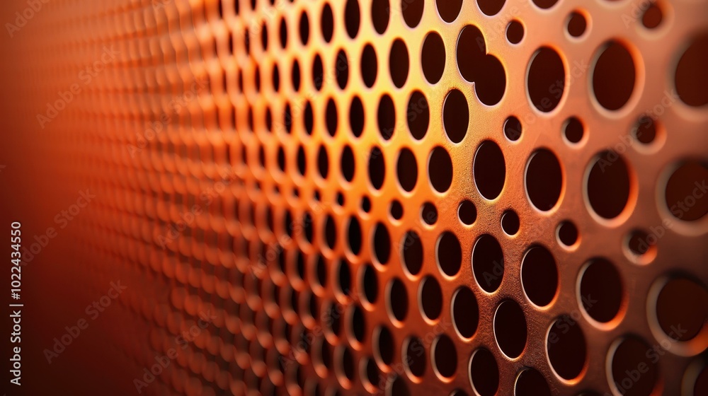 Poster A closeup of a perforated metal surface, highlighted with warm orange light, creating a striking texture against a blurred backdrop.