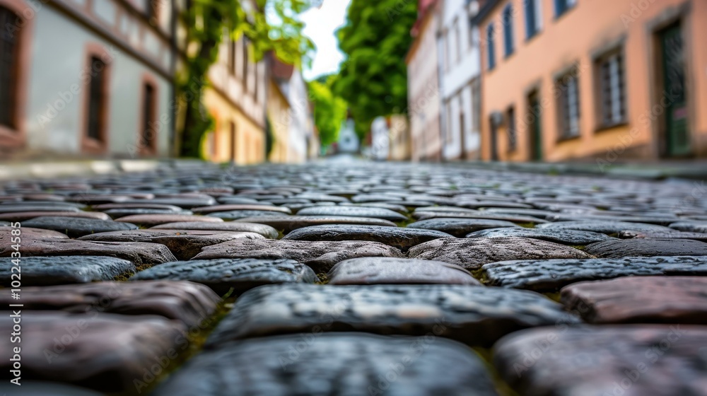 Poster Cobblestone streets blend with lush greenery, showcasing a vibrant urbannature harmony in the bustling cityscape.