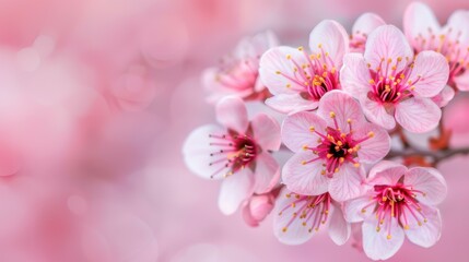 Delight in pink cherry blossoms blooming against a soft, blurred backdrop, capturing the essence of springtime beauty.