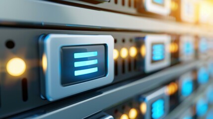 Glowing blue lights on server panels highlight the intricate world of data processing and cyber security technology.