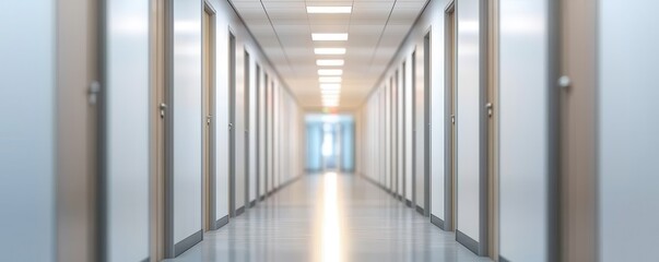 Fototapeta premium Modern corridor with light reflections and metallic doors, white isolate background.