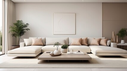  Minimalist modern living room with Jacanid interior design, featuring clean lines, neutral colors, and simple yet elegant decor