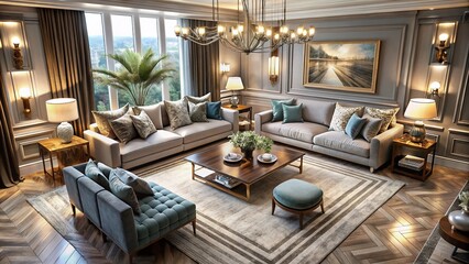 Fototapeta premium Luxury Living Room with Elegant Sofa, Chic Accessories, and Modern Decor