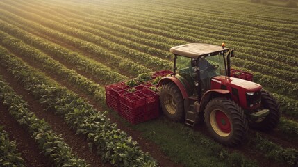 Obraz premium Red Tractor Harvesting Crops in a Lush Green Field