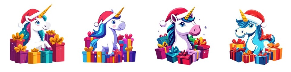 Fototapeta premium A festive unicorn wearing a Santa hat, surrounded by colorful presents, celebrates the holiday spirit in a whimsical design.