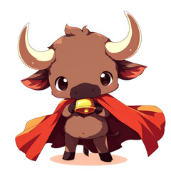 Obraz premium A cute cartoon bull wearing a red cape and holding a bell, exuding a playful vibe.
