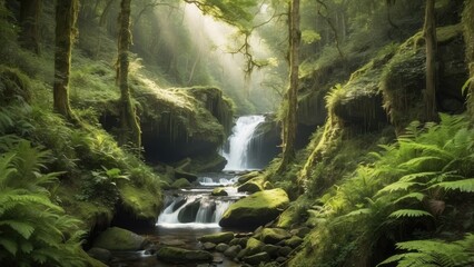 A peaceful waterfall nestled in a lush, green forest, with ferns and mosses covering the rocks, and sunlight filtering through