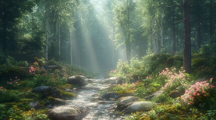 Fototapeta premium Sunbeams Through a Tranquil Forest Stream