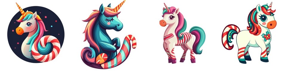 Naklejka premium A vibrant collection of playful unicorn illustrations featuring colorful designs and whimsical candy themes.