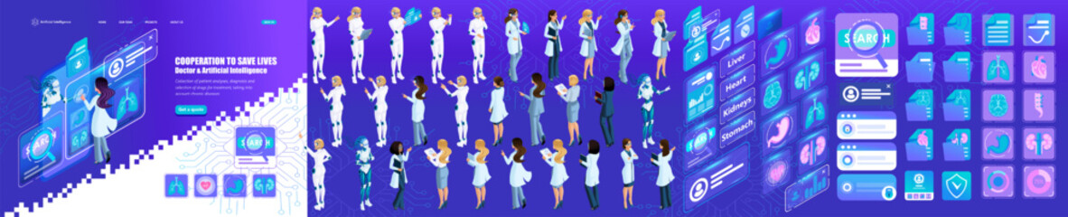 Isometric Template Creating Landing page. Female doctor makes a request to AI, for Medical. Kit of Characters, Persons. Kit of icons. Create your own unique Landing page