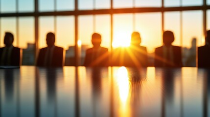 Boardroom meeting with silhouettes against a sunset backdrop.