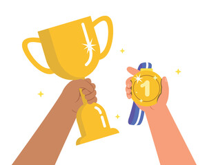 Winner prize goblet, Hand holding gold trophy cup and medals. Winner trophy award and medal.