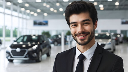 Medium shot of smiling Central Asian male auto dealer in formal black suit posing and looking at camera at car dealership center.